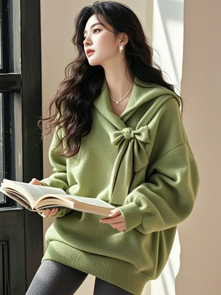 

Korean Hooded sweatshirt for women spring autumn Green 2025 new loose medium to long sleeved top trendy