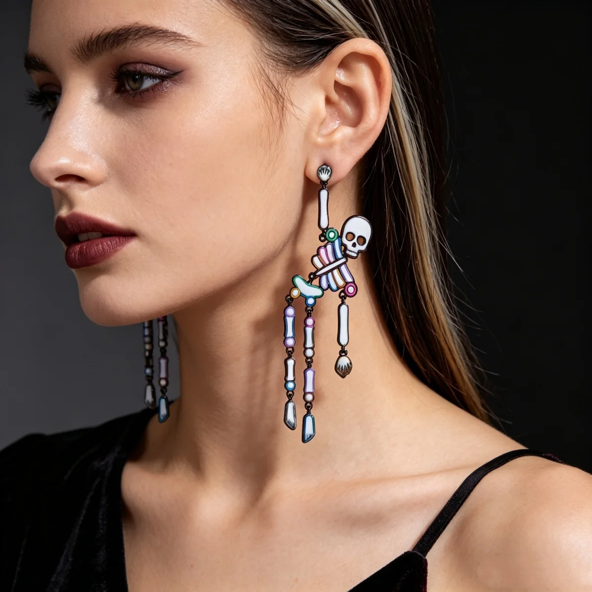 Gotische, dunkle, farbenfrohe Emaille-Totenkopf-Ohrhänger für Damen und Herren, Halloween-Strass-Skelett-Spinnen-Ohrhänger, Partyschmuck – Detail 8