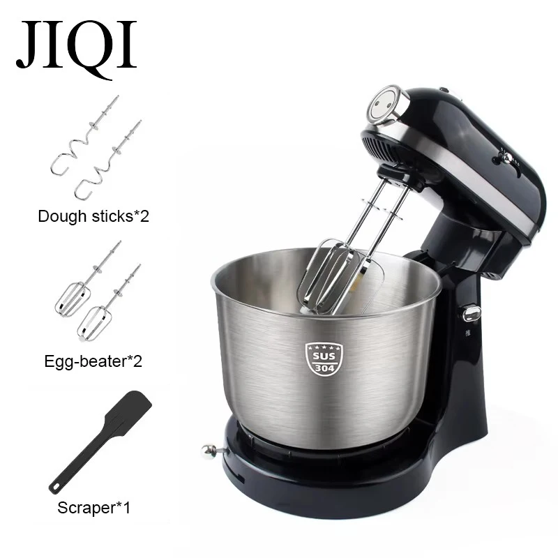 JIQI 4L Stainless Steel Bowl Electric Stand Food Mixer Egg Beater Cream Blender Handheld Whisk Cake Bread Dough Kneading Machine