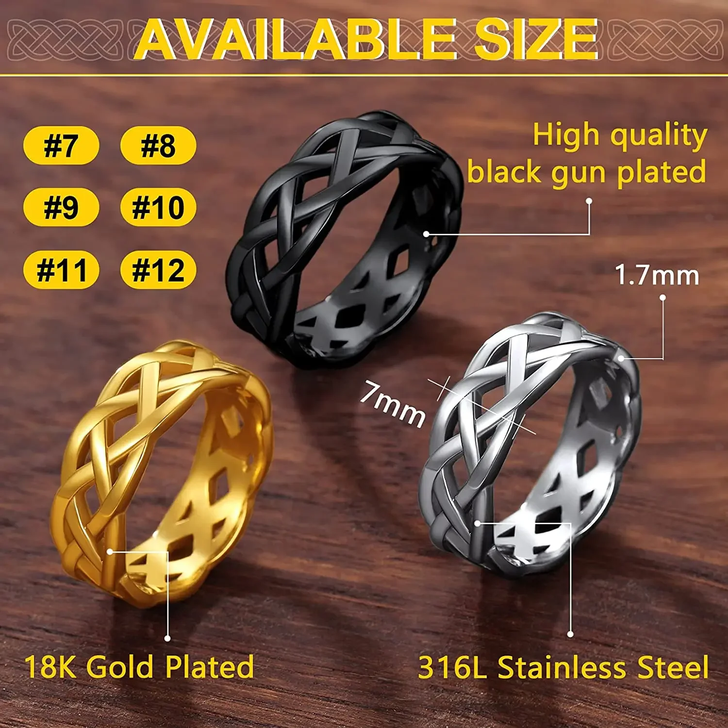 ChainsPro Vintage Celtic Knot Ring for Men and Women 7mm Irish Ring Stainless Steel/Gold Plated/Black Color Size 7-14 CP719