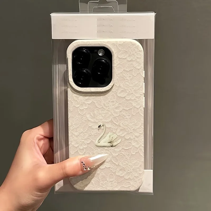 Lace Swan Pattern Lychee Texture Phone Case For iPhone 17 16 15 Pro 14 13 12 11 Pro Max 16 15 14 Plus 17 Air Silicone Soft Cover view 3