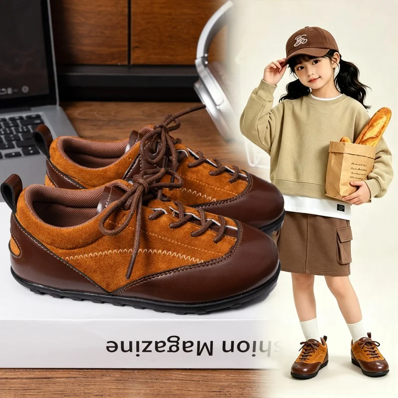 Fashion New Kids Girls Leopard Print Shoes Leather Patchwork Lace Up Comfortable Sports Shoes for Toddler Little Girls Casual