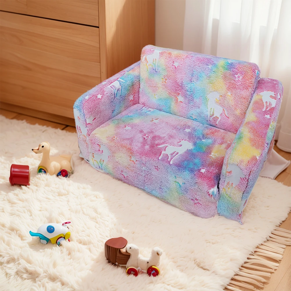 2 in 1 Kids Sofa Chair Toddler Play Couch Fold Out Glow in Dark Convertible Plush Foam Chair Convertible Sofa to Lounger