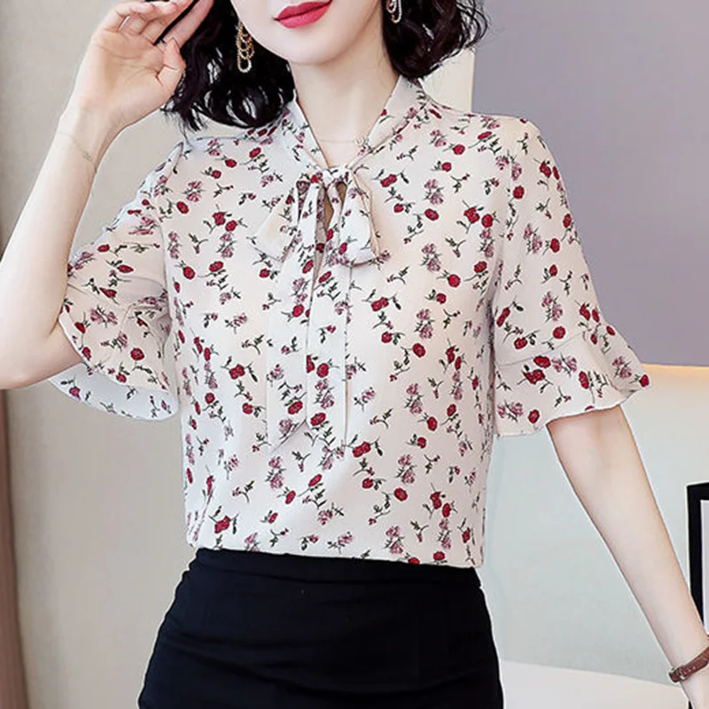 Vintage Printed Ruffles Lace Up Bow Chiffon Floral Blouse Women Clothing 2023 Summer New Casual Pullovers Flare Sleeve Shirt