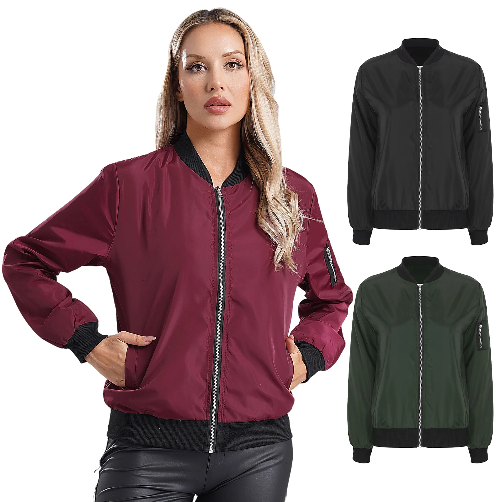 Womens Fashion Zipper Jacket Casual Long Sleeve Coat Outerwear Windbreaker with Pockets Spring Autumn Clothes Basic Tops