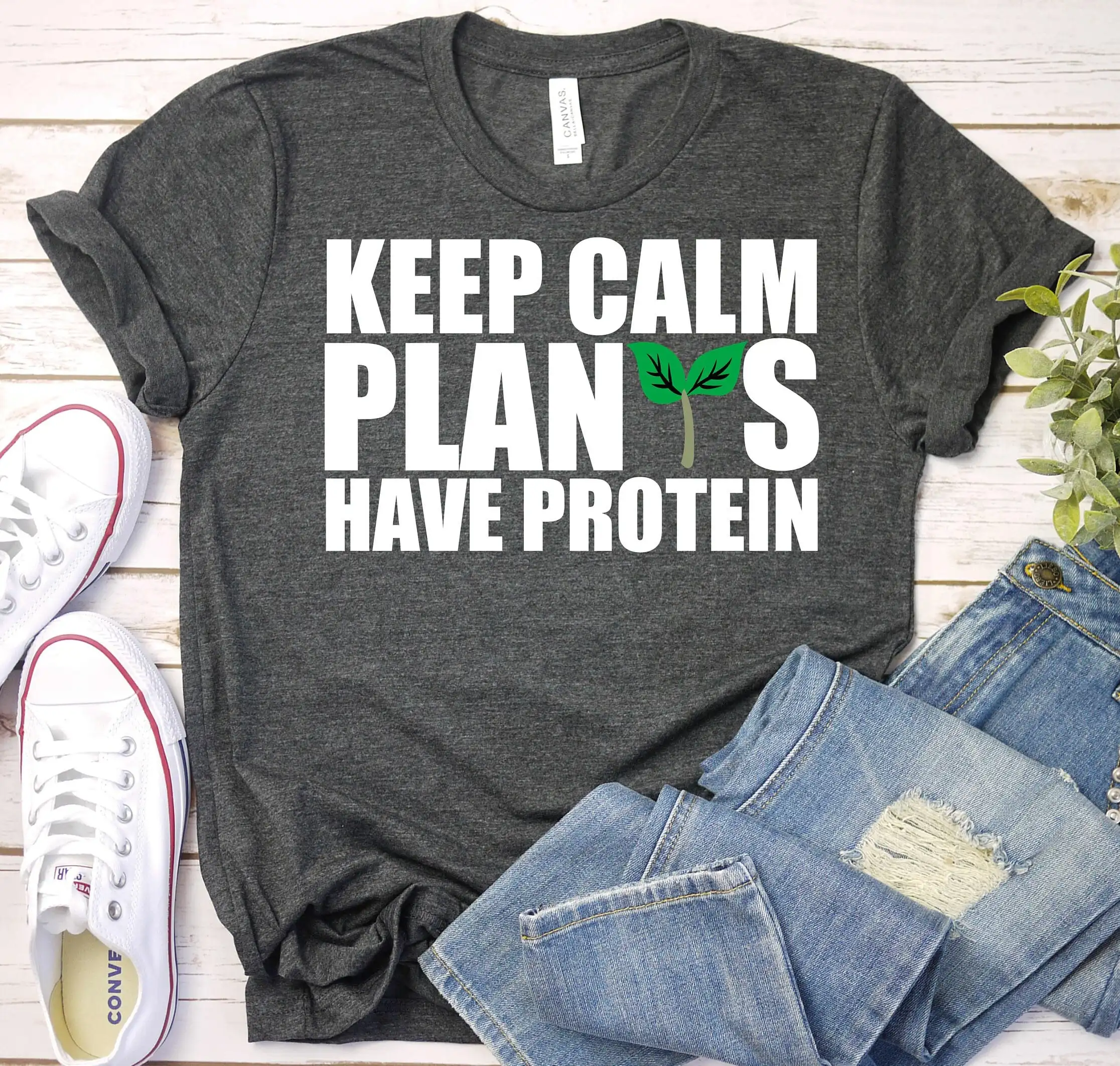 Keep Calm Plants Have Protein Vegan T Shirt Vegetarian Animal Lover Plant Based Funny