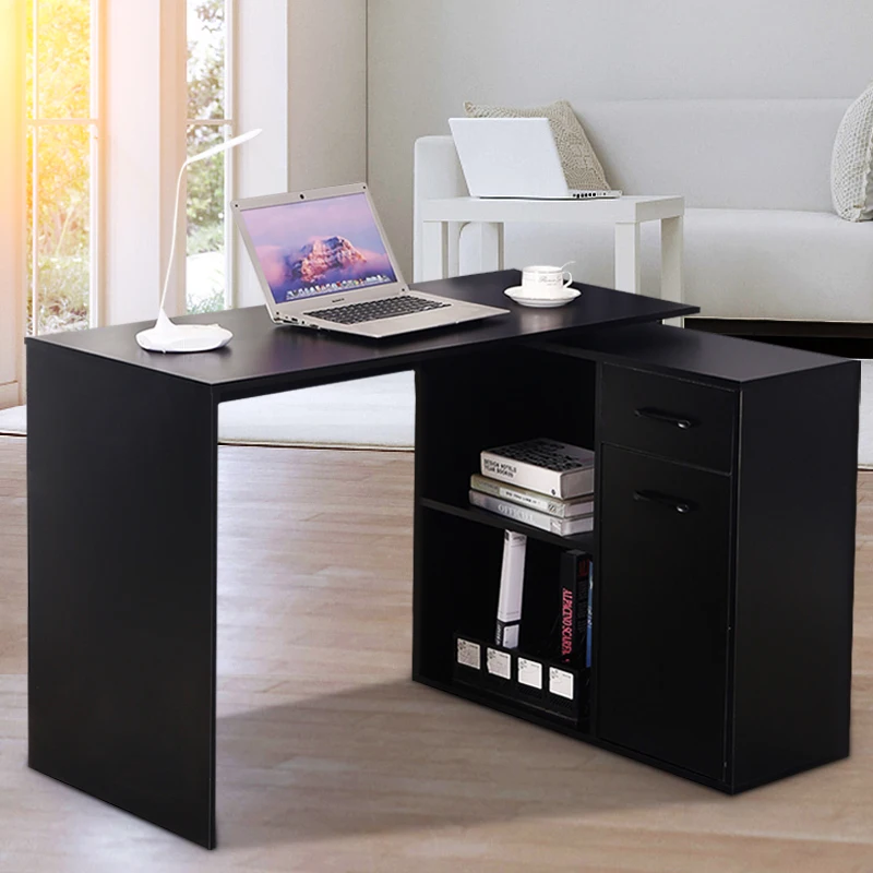 Wooden Computer Desk Foldable With 2 Drawers 2 Rotating Corner Shelves Compartment Office Living Room Kitchen Versatile Table