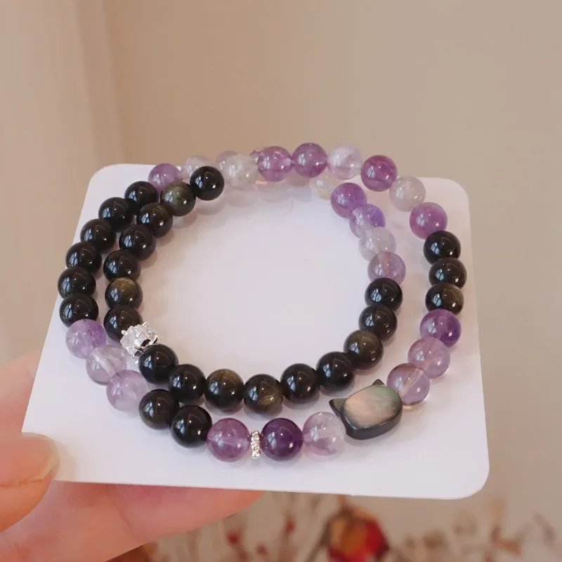 Minar Handmade Clear Purple Black Contrasted Crystal Natural Stone PI Xiu Cat Head Beaded Strand Bracelets for Women Accessories