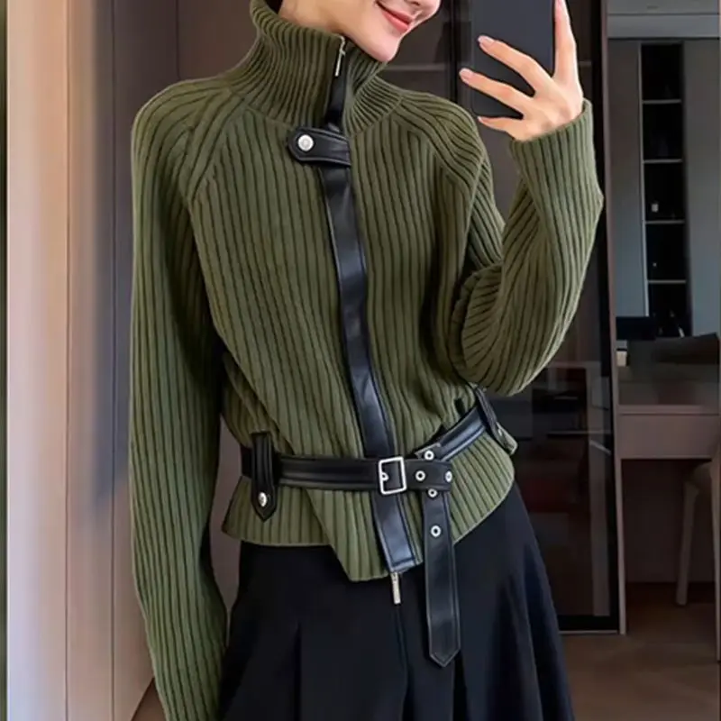 Green Elegant High-neck Huge Good-looking Lace-up Knitted Sweater Women's Spring New Style Casual Beautiful Sweater Commuting