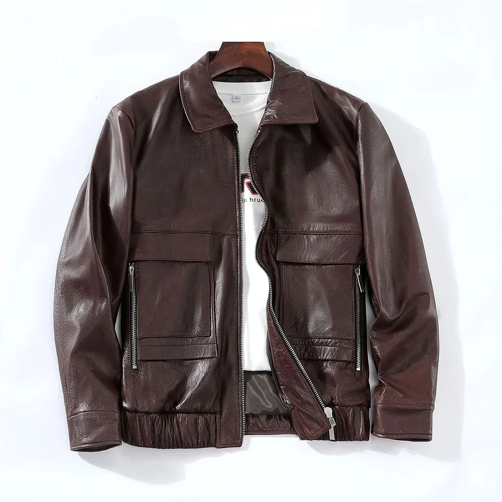 Clearance Spring Top layer Cowhide Flip Collar Short Motorcycle Flight Leather Jacket Genuine Coat Men's Large Outdoors