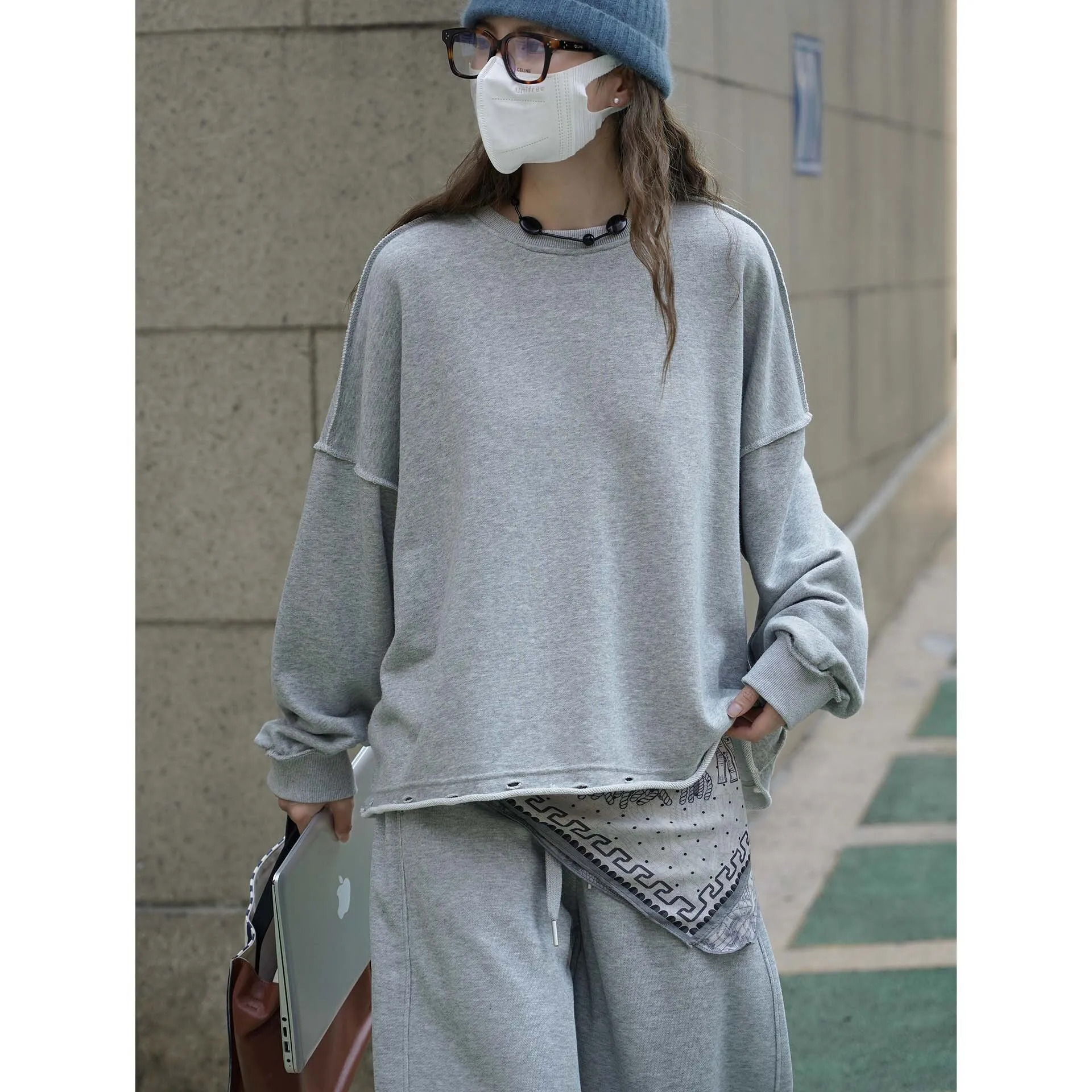 

Осенняя толстовка с открытым вырезом и круглым вырезом, мягкий свободный топ большого размера для женщин