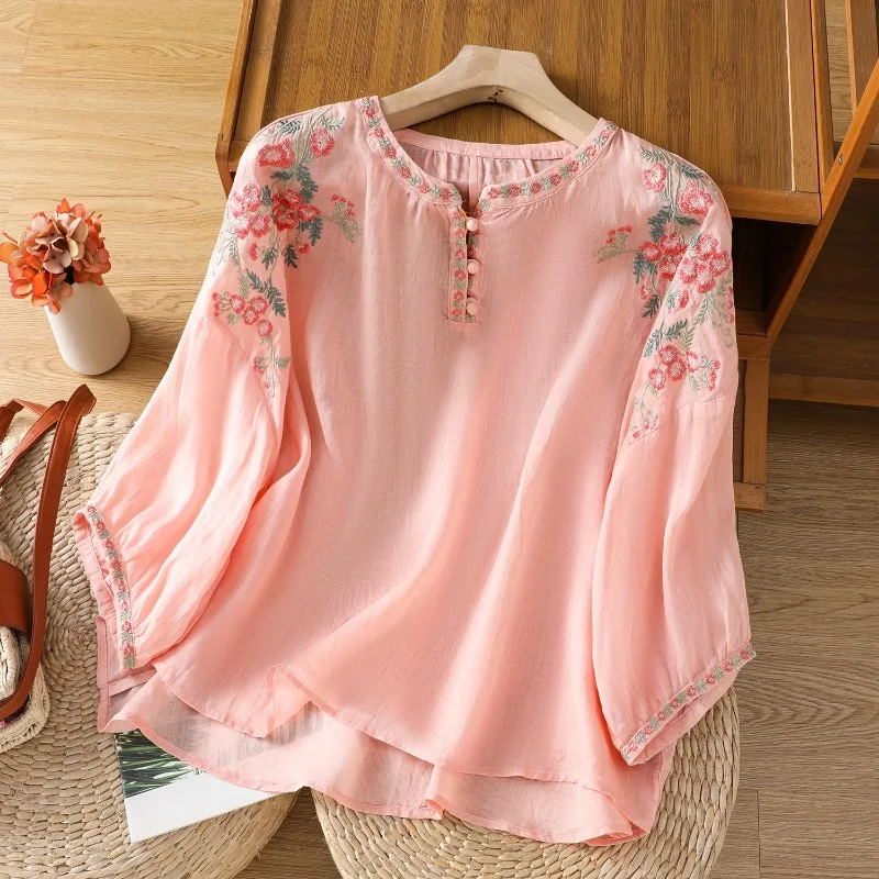 

Chinese Style Women's Clothing Blouses Vintage Embroidered Shirts Loose Summer Clothing Short Sleeved Cotton Linen Women Tops