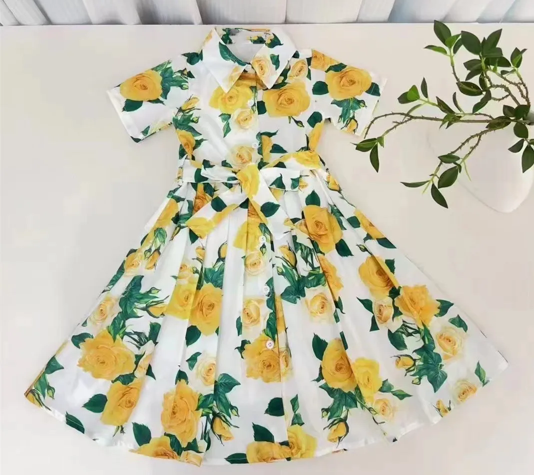 

2024 New Summer Baby Girl Dress Polo Collar Flower Print Sleeveless Loose Knee Length Everyday Wear