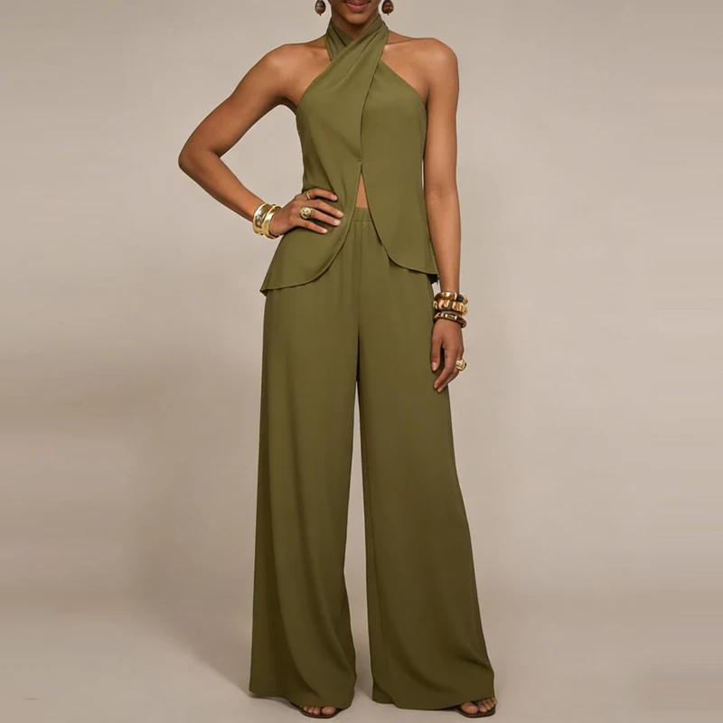 

Casual Women Hollow Out Commute Outfits Summer New High Waist Party Suits Vintage Design Style Backless Halter Vest&Pants Sets
