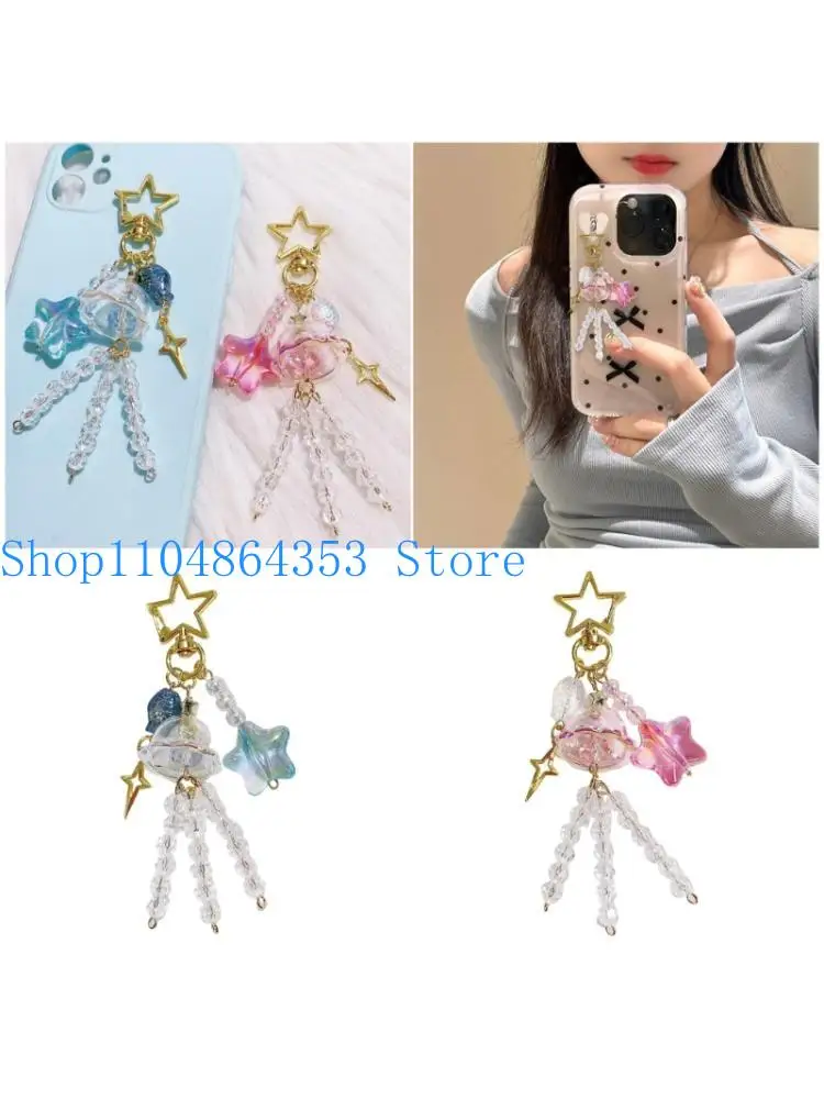 652F Unique Fish Star Wind Chimes Chain with Beads Colorful Beaded Phone Charm Jewelry for Fashionable Earphone Case