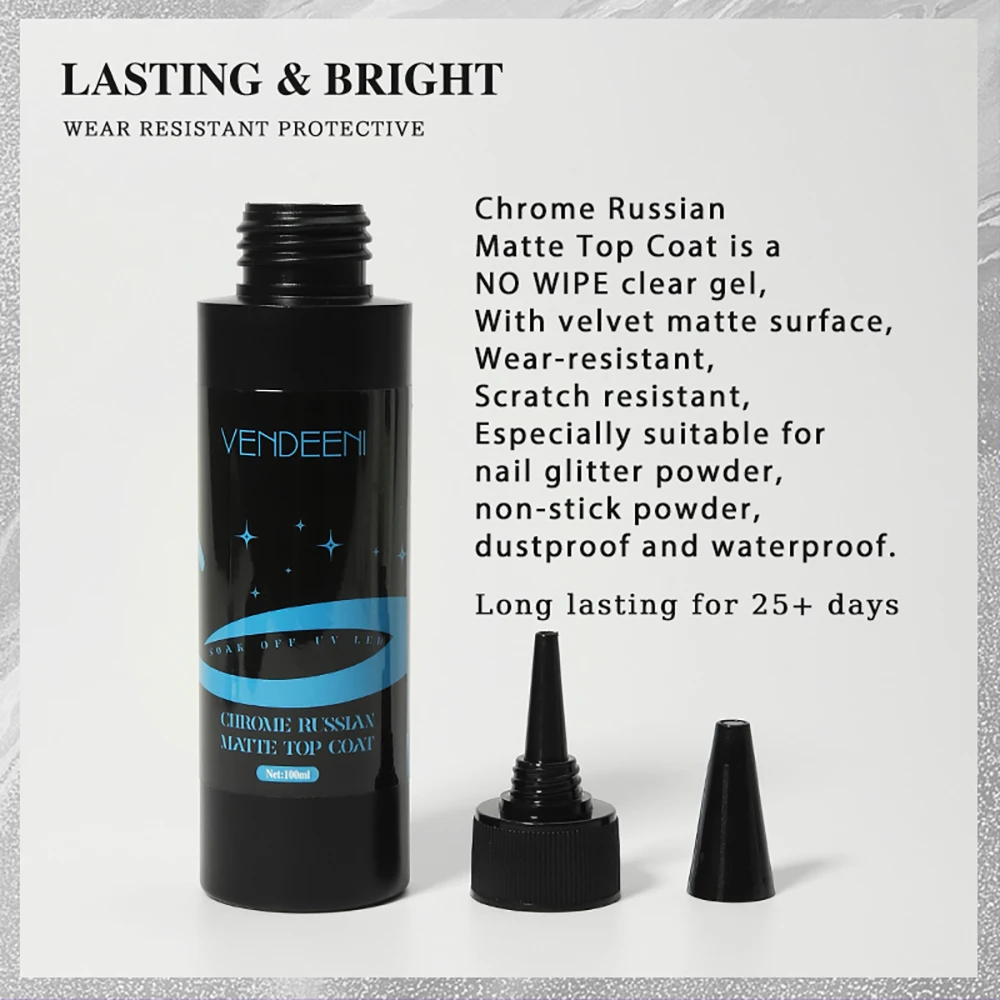 Vendeeni 100ml Russian Matte Top Coat Semi Permanent No Wipe UV Soak Off Gel Nail Polish Frosted Non Stick Powder Matte Top Coat