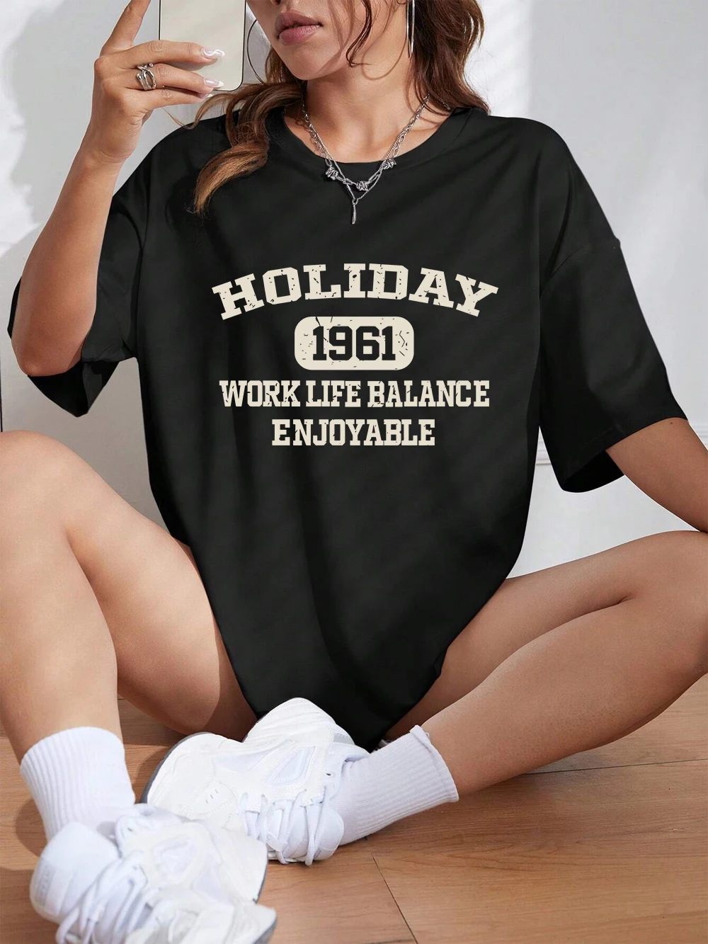 Urlaub Arbeit Leben Balance Brief Drucke T-Shirts Frauen Sommer Baumwolle Kurzarm O-ansatz Bequeme Lose Tops Casual Kleidung