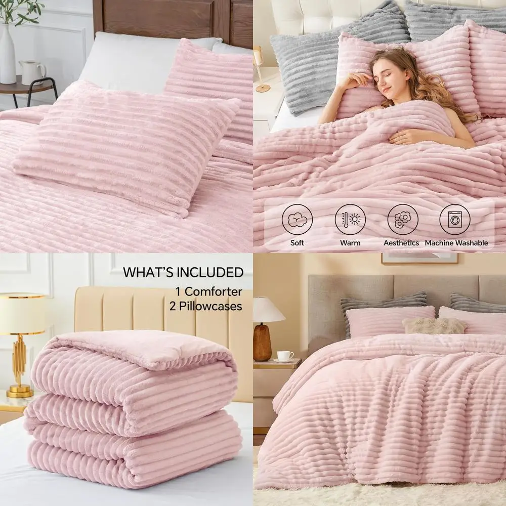 

Ultra Soft & Cozy Pink Fluffy Comforter Set, Plush Bedding for Winter with 2 Pillowcases