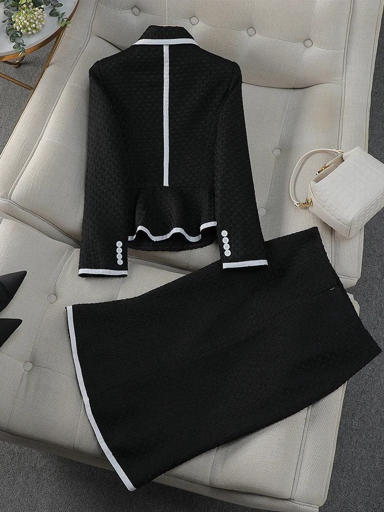 Elegant Women Casual Blazer Skirt Suit Ladies White Black Long Sleeve Female Two Piece Set For Autumn Winter