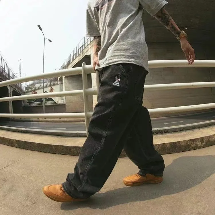 

Джинсы свободного кроя с вышивкой в стиле кэжуал для скейтбординга Bla Cartoon P WussupHatersJeans, прямые, со средней посадкой