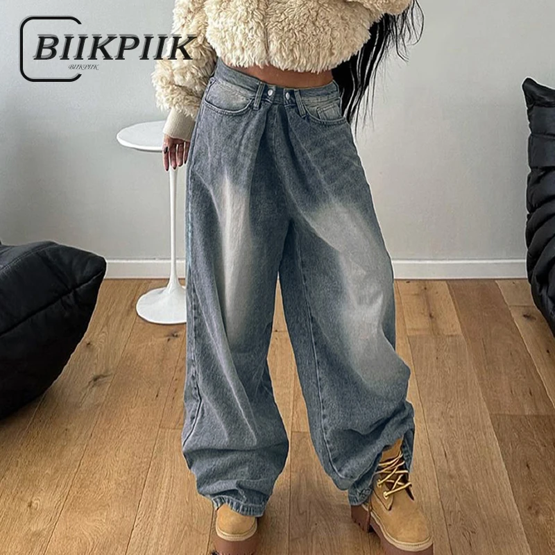 

BIIKPIIK Streetwear Folds Washed Women Jeans Casual Basic Loose Trousers Autumn Fashion Wide Leg Female Pants Concise All-match