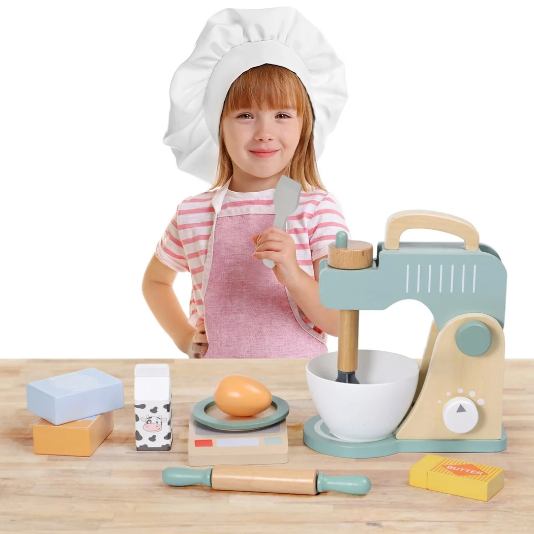 

10-Pack Play Kitchen Accessory Kids Bread Mixer Toy Bread Mixer Pretend Play Food Set Durable Wooden Material Cooking Toys