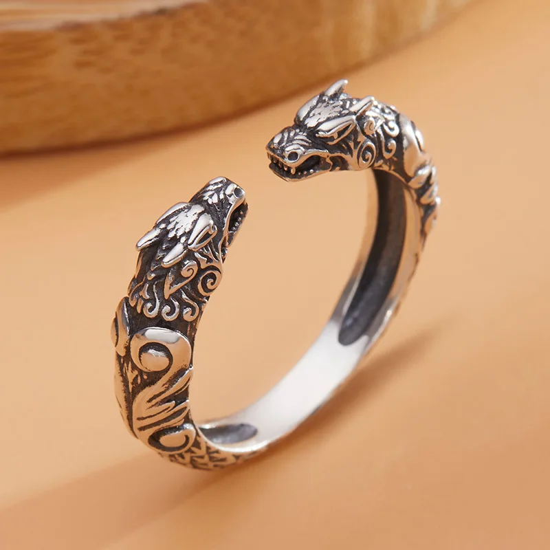 Retro Ethnic Style Twelve Zodiac Double Dragon Head Animal Opening Adjustable Ring Men's Lucky Wealth Ring Jewelry