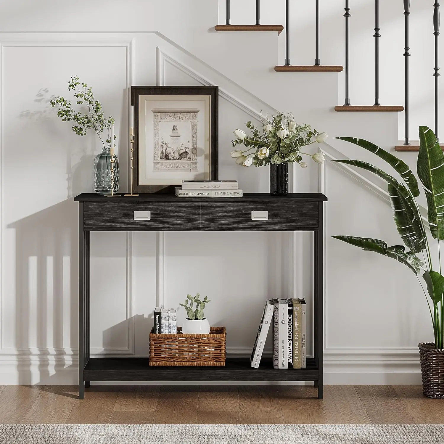 Black Entryway Table with Drawer, Narrow Console Table, Sofa Table with Storage Shelf for Entryway, Living Room and Hallway