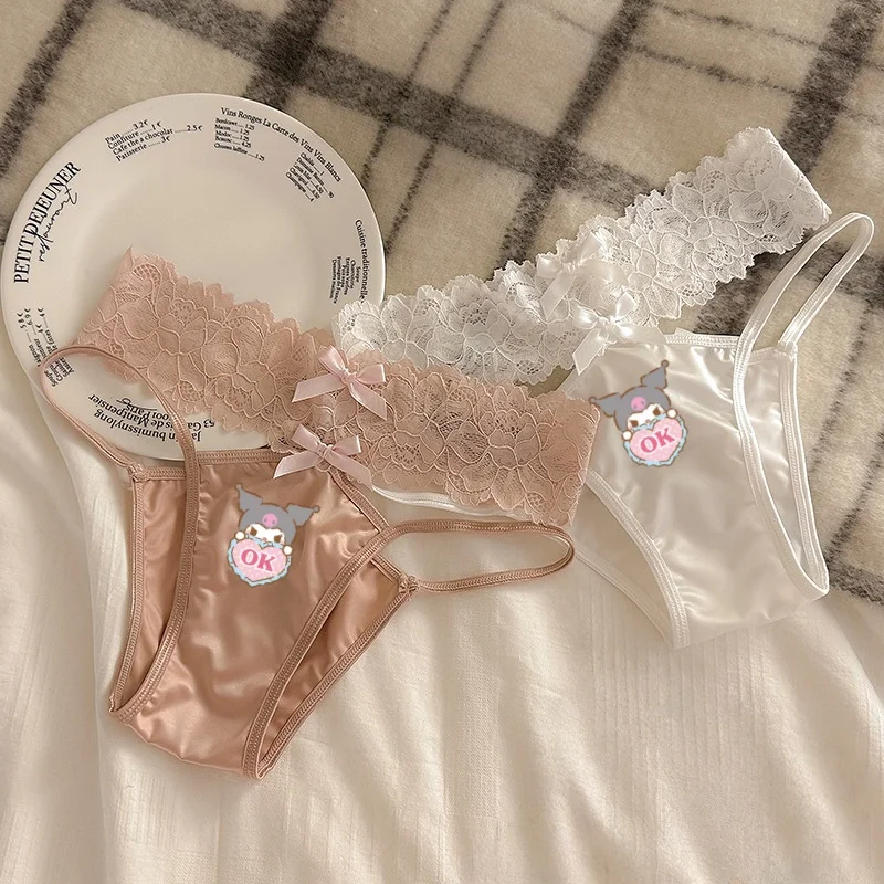 

M-L Cartoon Anime Cross Belt Lace Transparent Sexy Underpants Women's Low Waist Mesh Hollowed Bow Panties Cotton Breathable