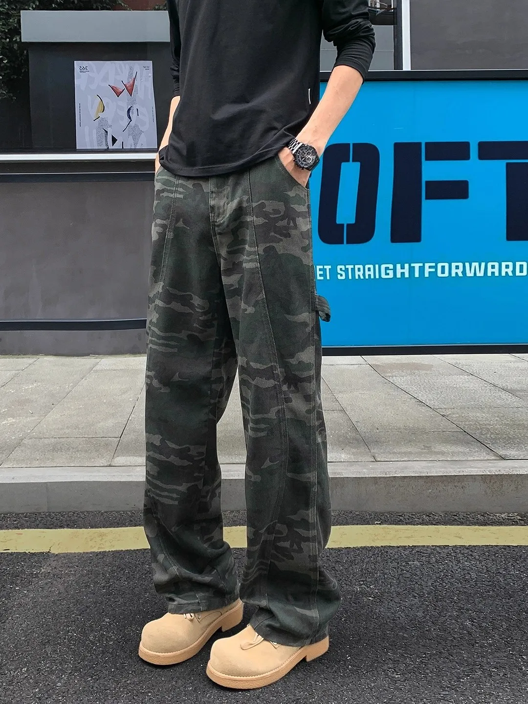 

Loose Straight Leg Men's Denim Work Pants Large Size 300 Pounds American Retro Camouflage Casual Trousers High Street Style