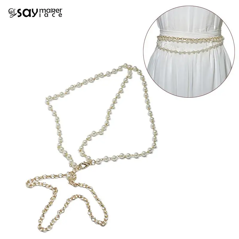 Women Imitation Pearl Belts White Imitation Pearl Chain Bridal Crystal Wedding Elastic Belt Sash Female Girls Dresses Access