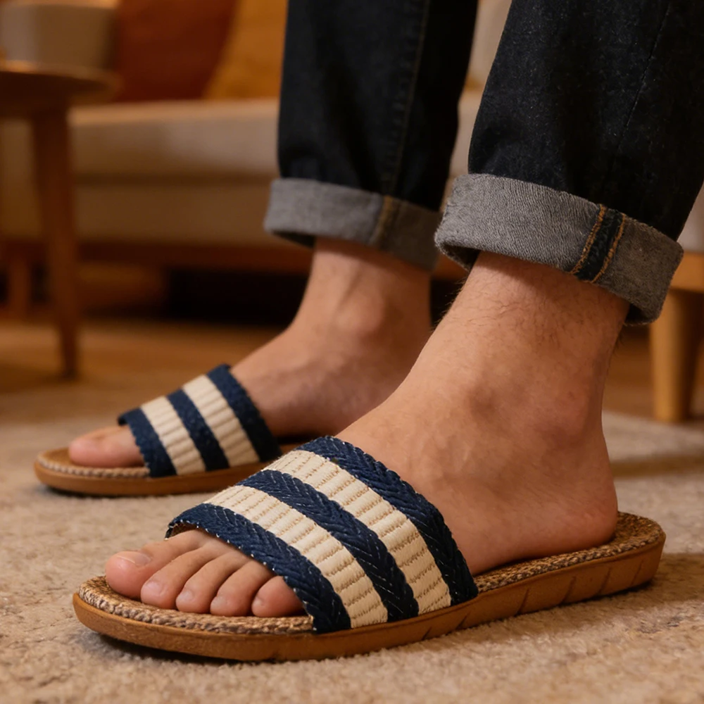 Sommer-Herren-Hausschuhe, rutschfeste Hausschuhe, leichte Schuhe für Herren, Leinen-Hausschuhe für den Innenbereich, weiche Schuhe, Schlafzimmer-Hausschuhe in Übergröße – Detail 9