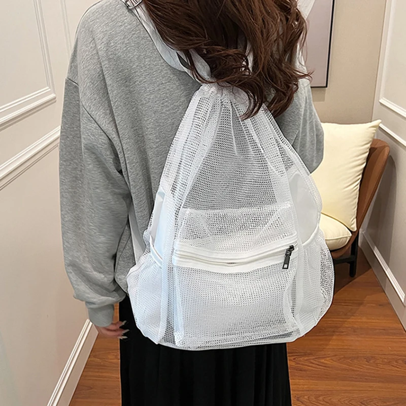 Mesh Swimming Beach Backpack Large Capacity Outdoor Travel Camping Commuting Hollow Bag Transparent Trip Outing College Daypack