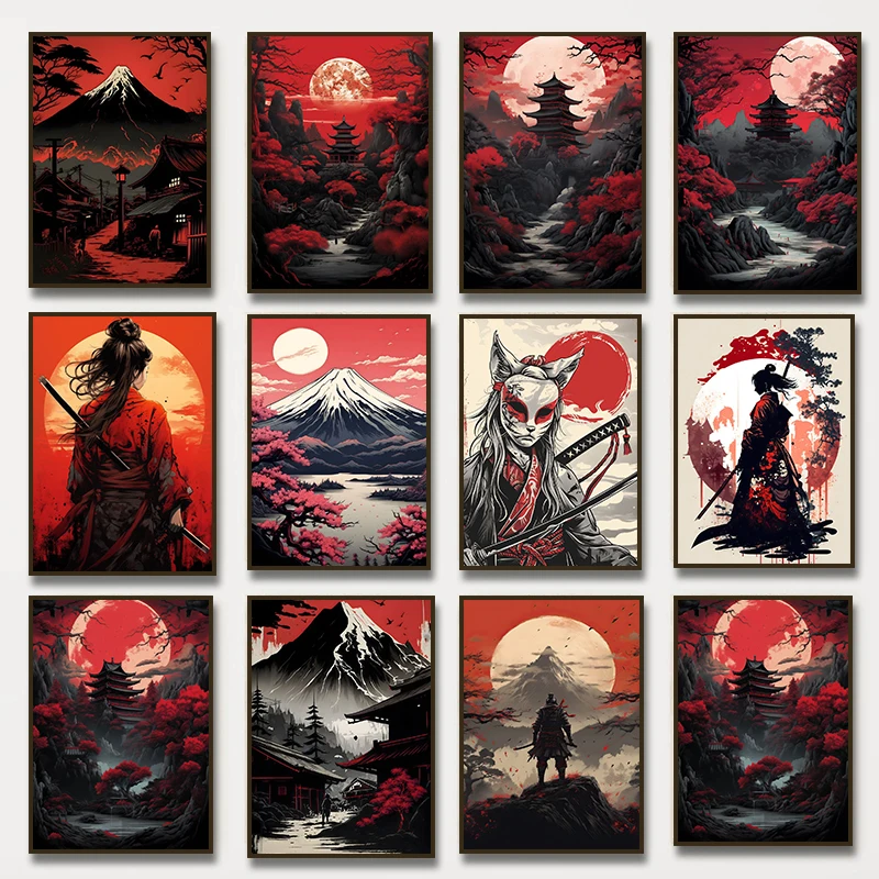 Japanese Landscape Red Moon Samurai Poster Canvas Painting Print Mount Fuji Cherry Blossoms Wall Art Home Room Decor Mural