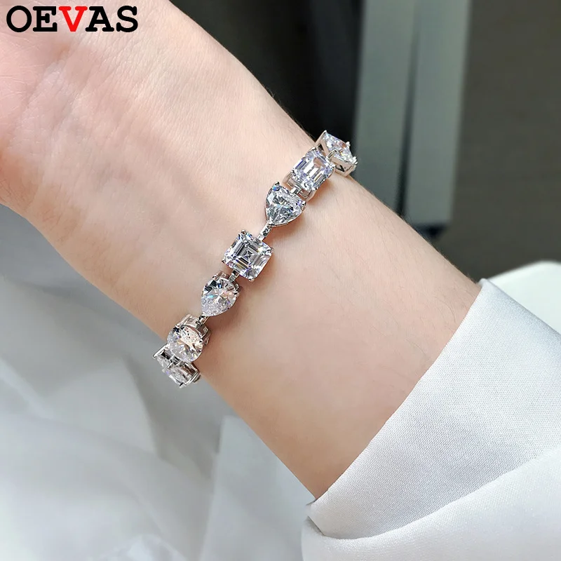 

OEVAS 100% 925 Sterling Silver Full High Carbon Diamond Different Shape Bracelet For Women Sparkling Wedding Party Fine Jewelry