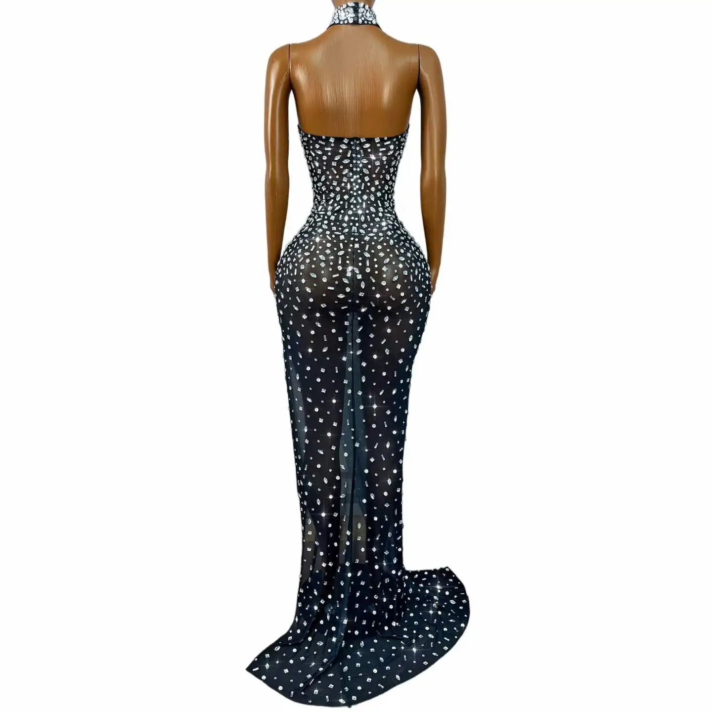 Luxurious Twinkling Rhinestones Neck giter Tube Mesh Dress Women Evening Birthday Wedding Elegant Gown Red carpet Stage Wear view 2