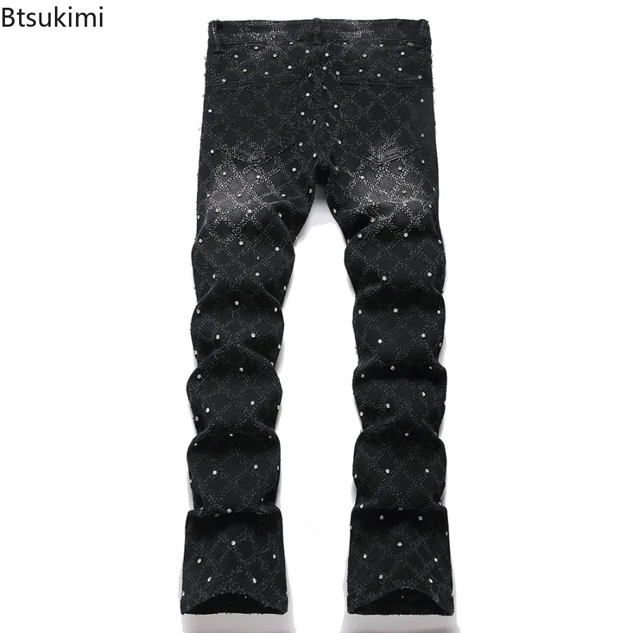 2026 New Men's Crystal Boot Cut Jeans Punk Black Stretch Denim Pants Rivet Slim Flared Trousers Man Fashionable Bootcut Trousers