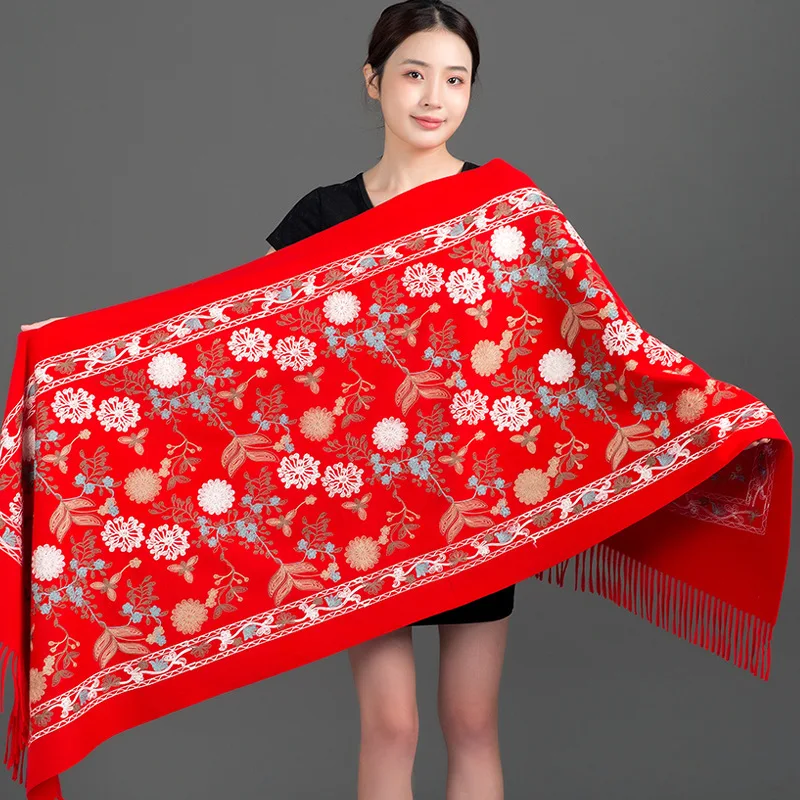 Luxury Floral Embroidered Cashmere Scarf Women Winter Warm Pashmina Shawls and Wraps for Lady Tassels Foulard Bufanda Blanket
