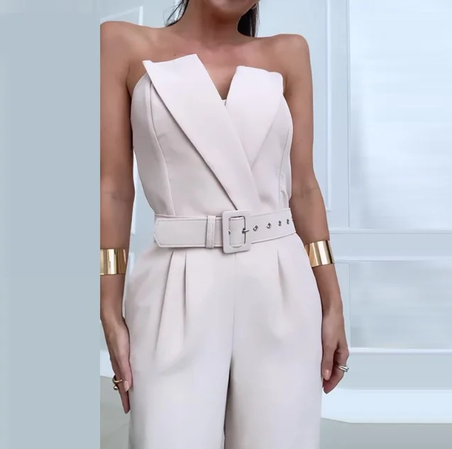 

Jumpsuit Women 2024 Spring Fashion Bandeau Sleeveless Pocket Design Solid Color High Waist Elegant Temperament Wide Leg Jumpsuit