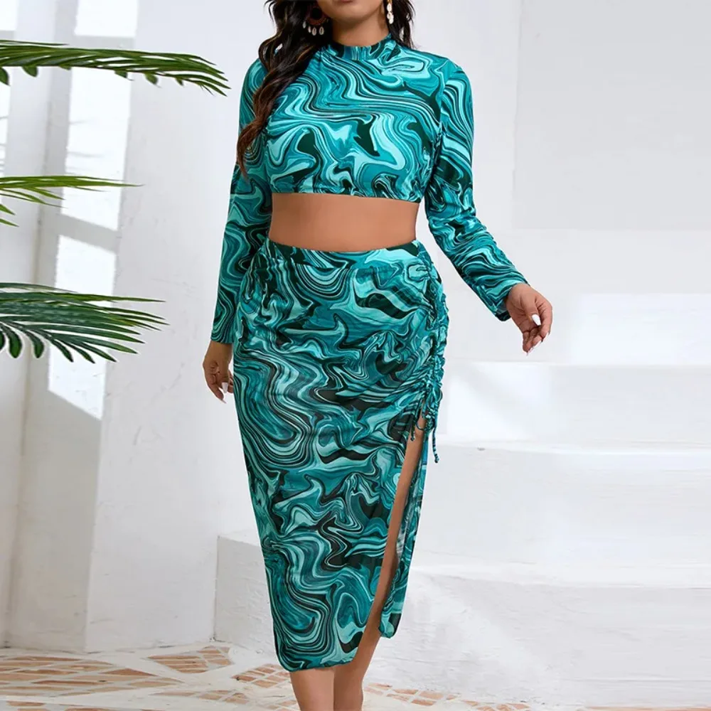 2026 New Large Size Slim-fit Rendering Printed Long-sleeved Conservative Split Three-piece Gauze Skirt Bikini Swimsuit