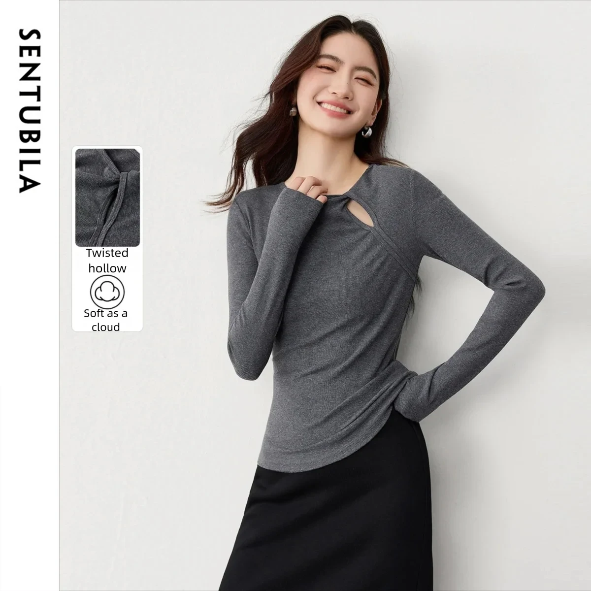 

SENTUBILA женские вязаные топы с открытым узлом, осень 2021, модные пригородные футболки с круглым вырезом, приталенные серые футболки с длинными рукавами 153SF2922