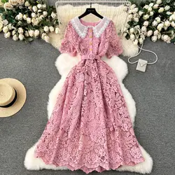 VIntage Summer Autumn Lace Evening Long Dress Women Short Sleeves Single Breasted Peter Pan Collar Midi Vestidos Party Robe