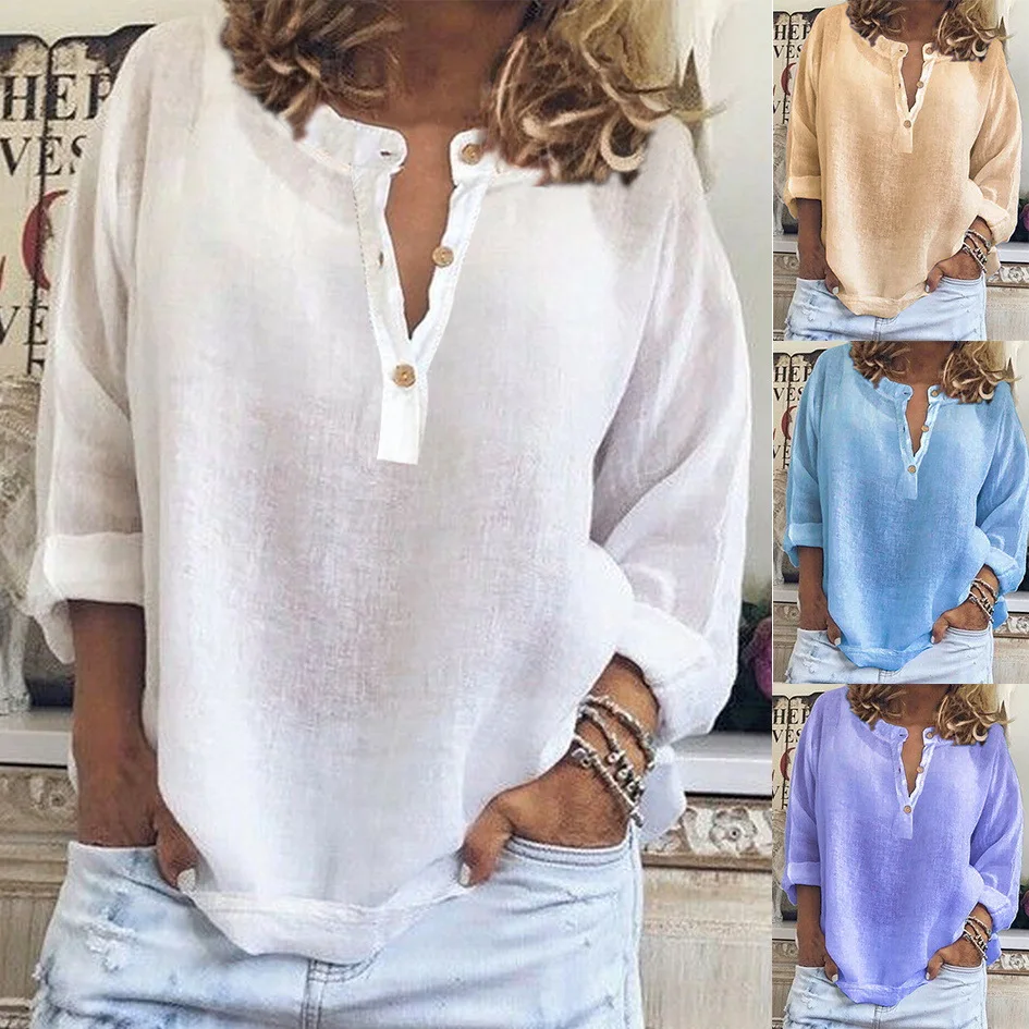 

2025 Spring and Autumn European and American New Solid Color Casual Loose Long-sleeved Linen Shirt