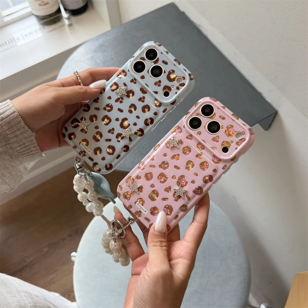 Korea Ins Leopard 3D Stars Phone Case For iPhone 18 Pro Max 18 Pro 17 16 15 Anti-drop Lens Protection Cover Fundas with Chain