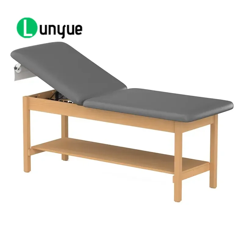 Durable Wooden Medical Examination Bed with Flat Bottom and Adjustable Top Full Frame Manual Recovery Treatment Table for Leg