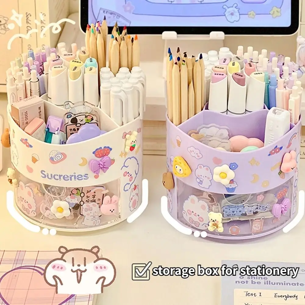 Rotating Pen Holder with Stickers Multifunctional Desktop Drawer Stationery Case Kawaii Large Capacity Storage Box Organizer