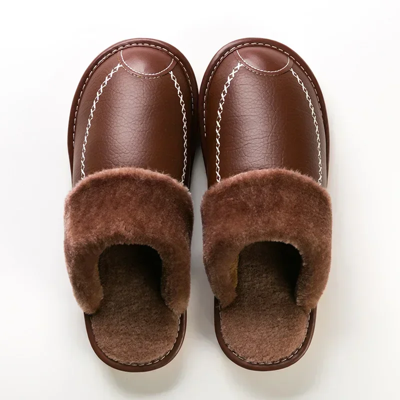 FONGIMIC Men Slippers Black New Autumn PU Leather Slippers Warm Indoor Slipper Waterproof Home Shoes Men Warm Leather Slippers