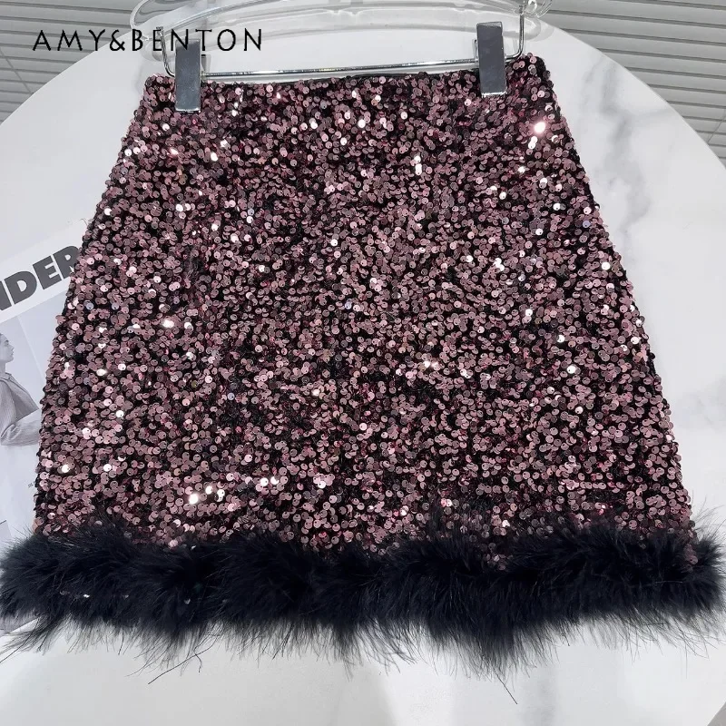 

2024 Autumn Popular Dark Black Style Socialite Hairy Skirt Sequined Short A-line Skirt Women's Clothing Y2k Slim Fit Mini Skirts