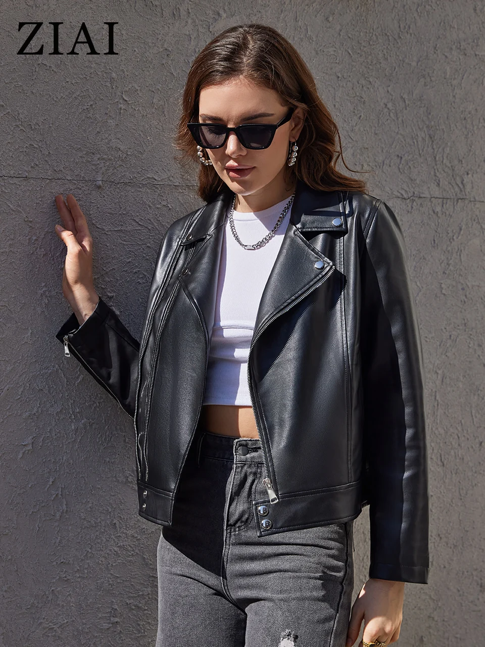 ZIAI New Spring Women Faux Leather Jacket Casual PU Loose Motorcycle Jackets Female Streetwear Oversized Korean Coat ZP-30040