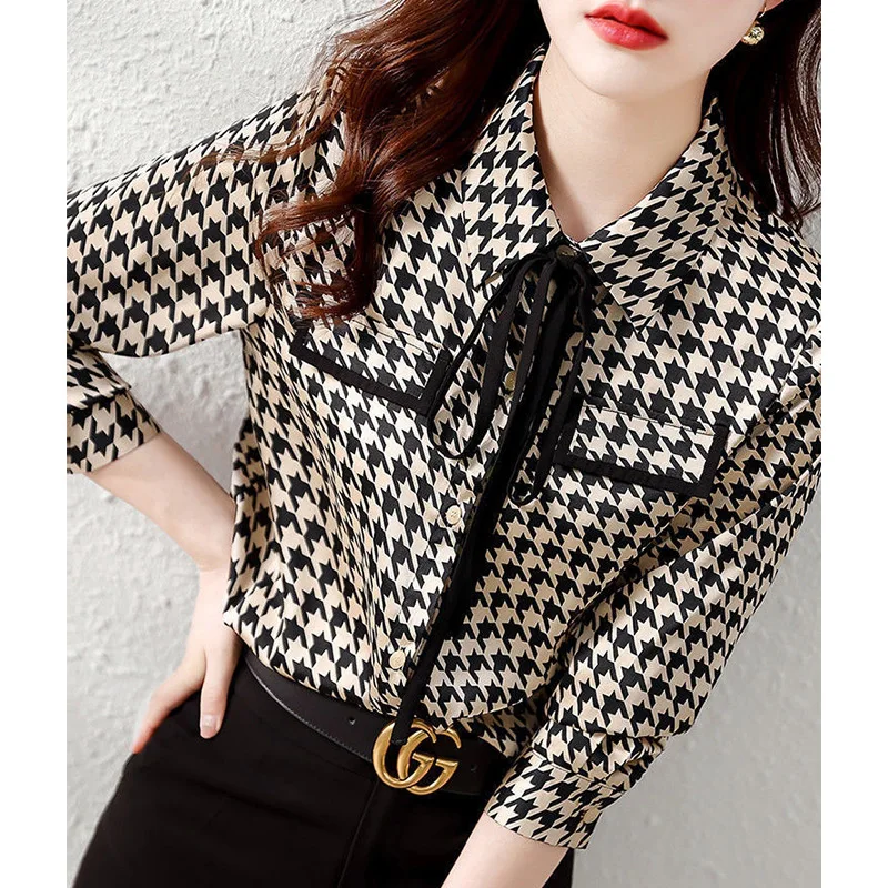 Spring Autumn Elegant Fashion Houndstooth Print Lace Up Shirt Ladies Long Sleeve Temperament All-match Blouse Femme Cardigan Top